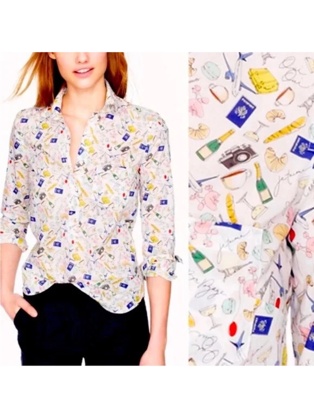 J. Crew White Cotton popover Button-Down Shirt travel Paris cotton 10